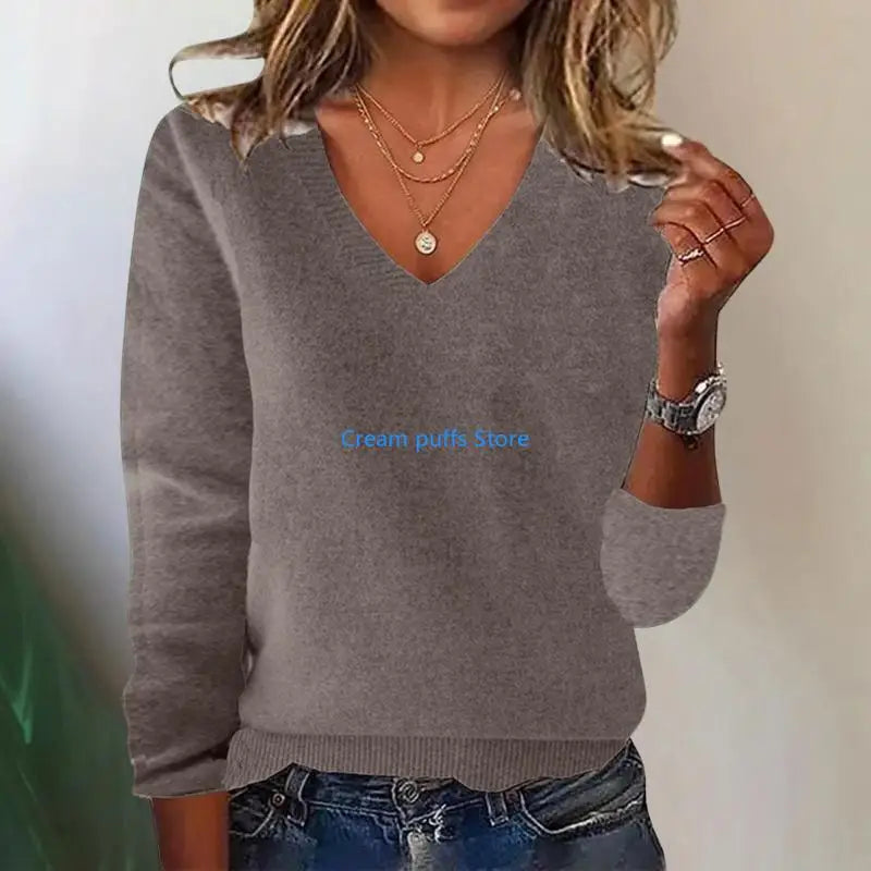 Pull en tricot côtelé doux à col en V pour femmes