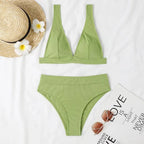 Maillot de bain deux pièces à rayures, couleur unie, petite fente, taille haute, col en v, bikini, pour femmes