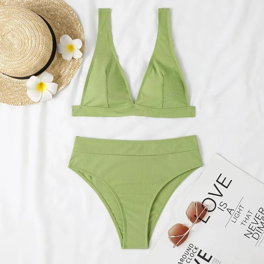 Maillot de bain deux pièces à rayures, couleur unie, petite fente, taille haute, col en v, bikini, pour femmes
