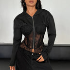 Veste à capuche en dentelle et fermeture éclair pour femmes