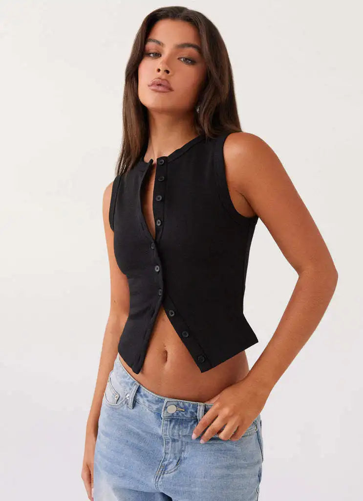 Haut Sans Manches Femme – Maille Unie Boutonnée