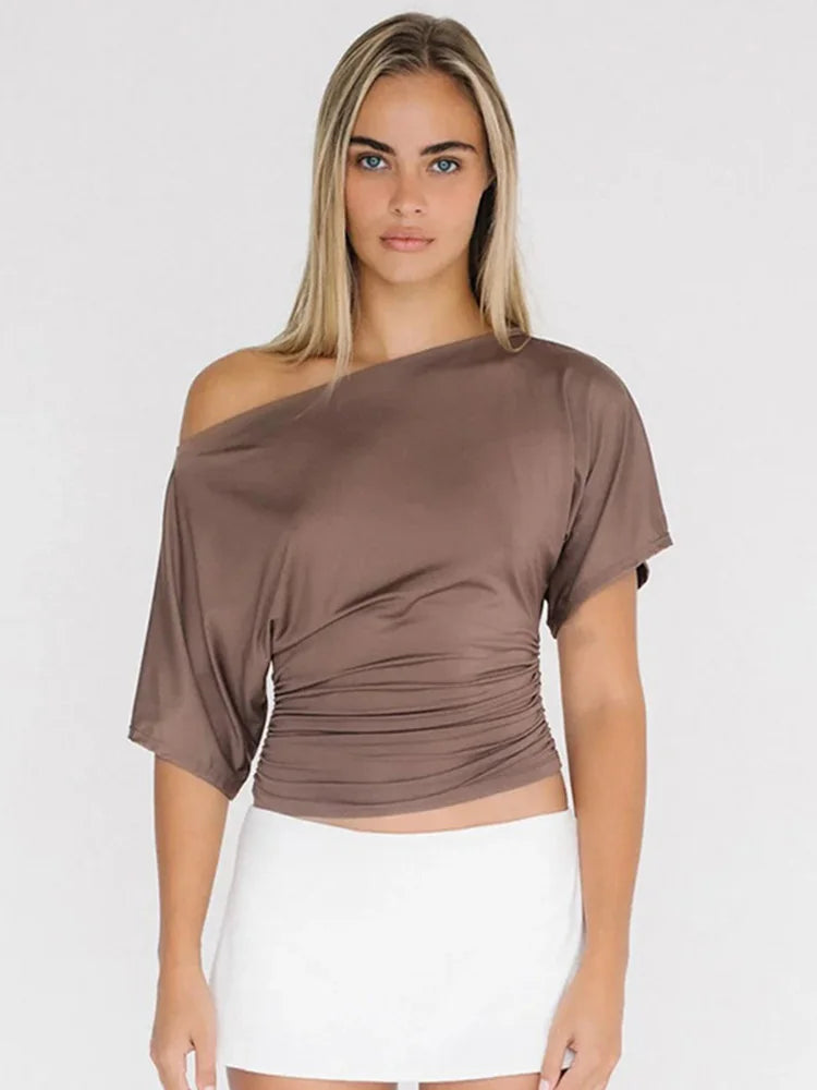 T-shirts court froncé à épaules dénudées pour femmes