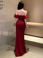 Robe de soirée rouge dos nu à volants pour femmes