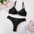 Ensemble de lingerie sexy en maille transparente, soutien-gorge et culotte en dentelle à volants et nœuds pour femmes