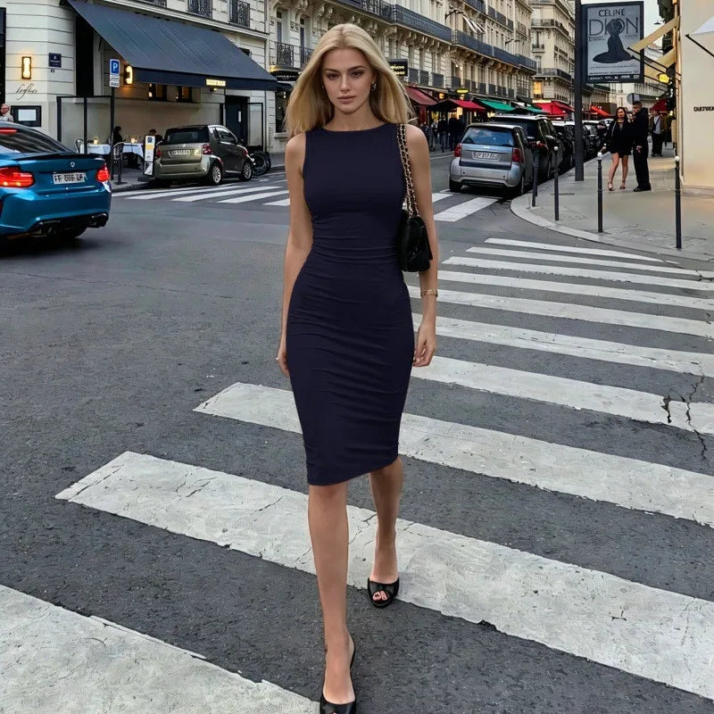 Robe Fourreau Femme Unie Sans Manches