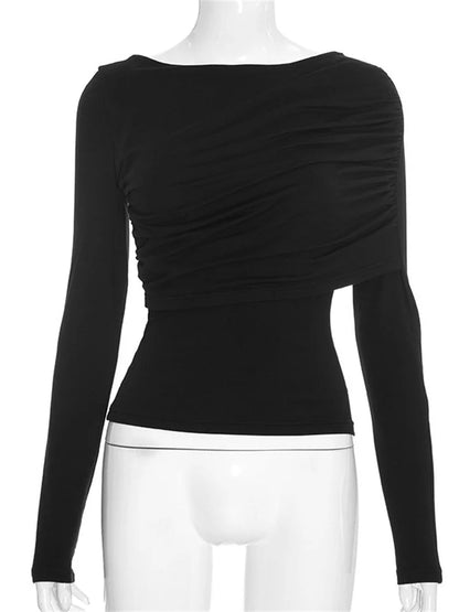 Haut Asymétrique Froncé à Manches Longues – Coupe Ajustée