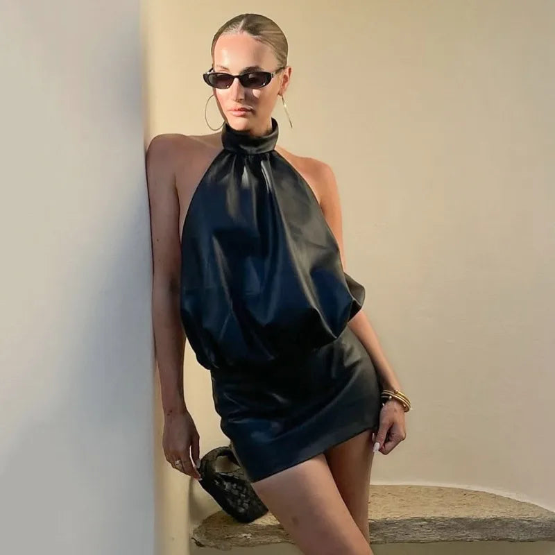 Robe dos nu sexy en similicuir style années 2000 pour femmes