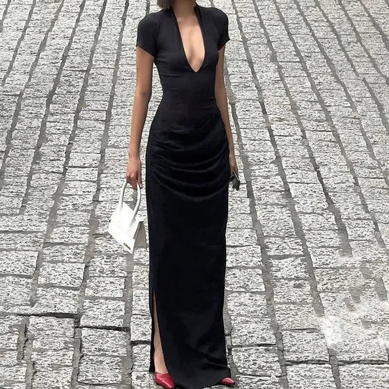 Robe longue noire sexy à fente pour femmes