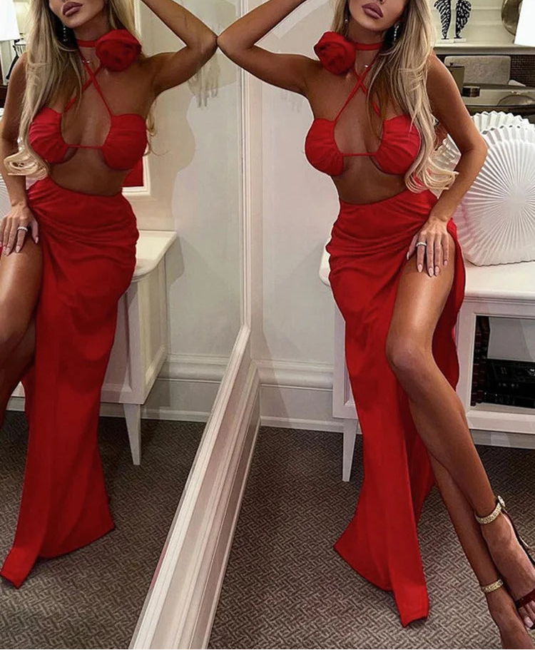 Robe longue fendue en dentelle pour femmes