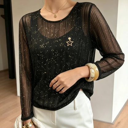 Chemisier Transparent Femme – Col Rond et Broche Étoile