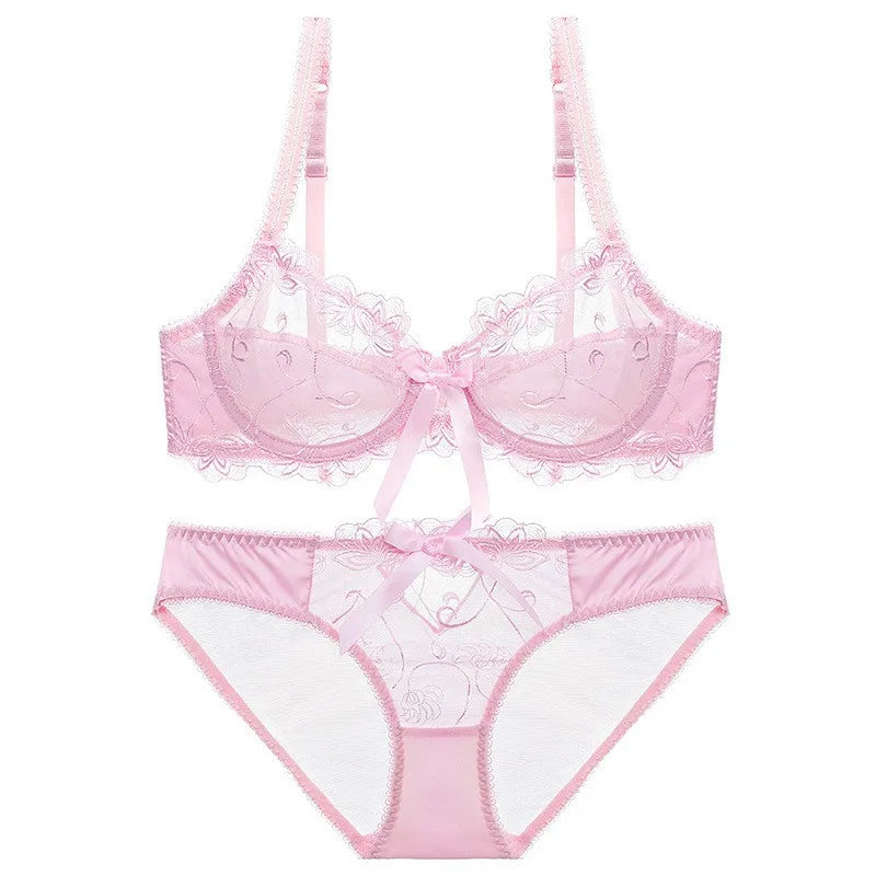 Ensemble de soutien-gorge transparent en dentelle avec nœud ultra-fin et culotte pour femmes