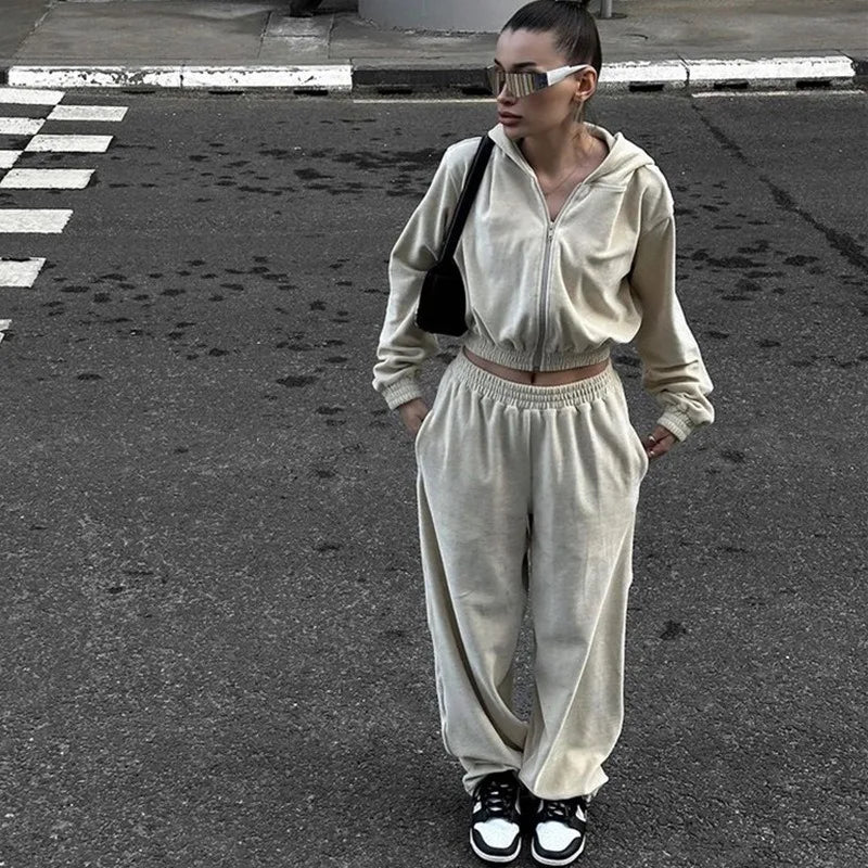 Ensemble deux pièces cardigan à capuche à manches longues et pantalon taille élastiquée pour femmes