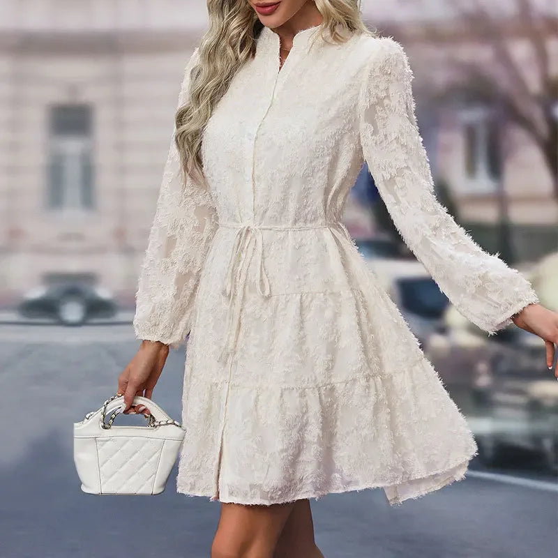 Robe mi-longue à manches longues en dentelle pour femmes