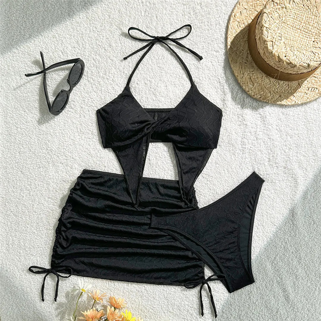 Maillot de bain trois pièces avec jupe et bretelles pour femmes