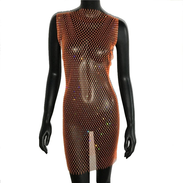 Robe de soirée en résille scintillante, strass, paillettes pour femmes