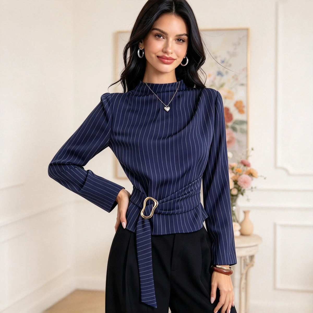 Chemise Rayée Femme – Col Montant Élégant