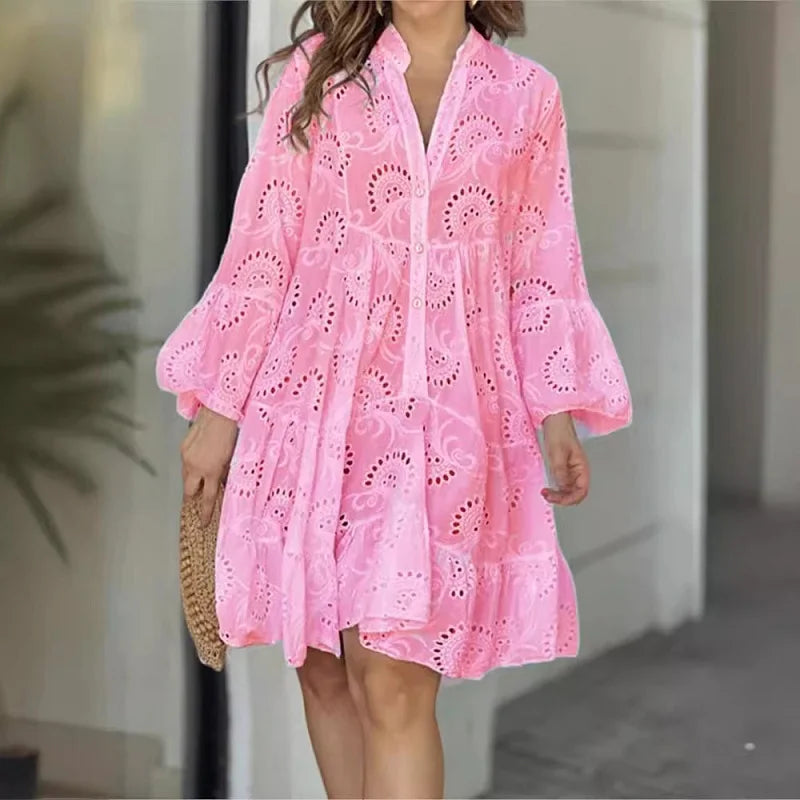 Robe longue en dentelle Jacquard brodée blanche au Crochet pour femmes