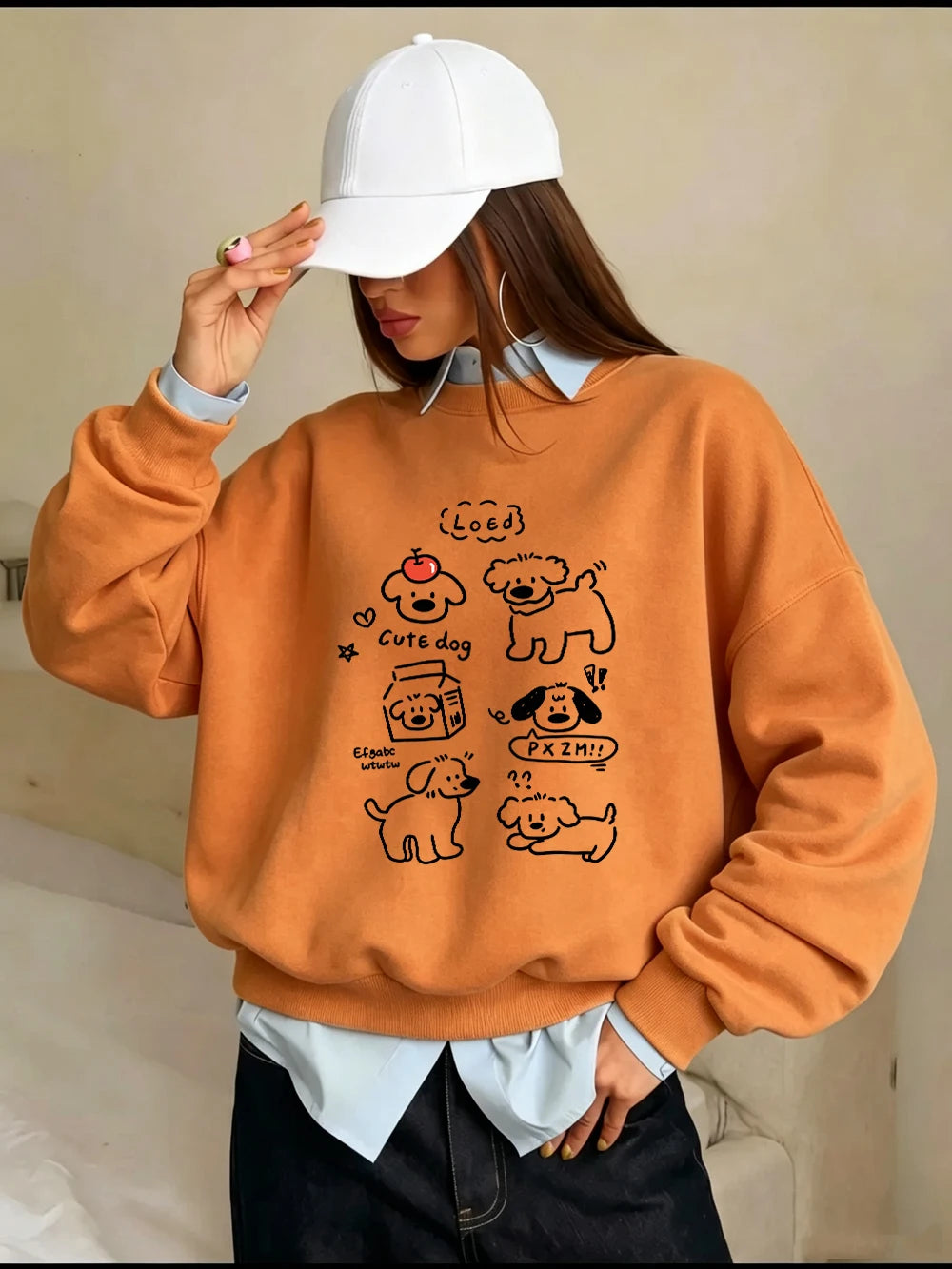 Sweat-shirts à imprimés de chiens mignons de dessins animés coréens pour femmes