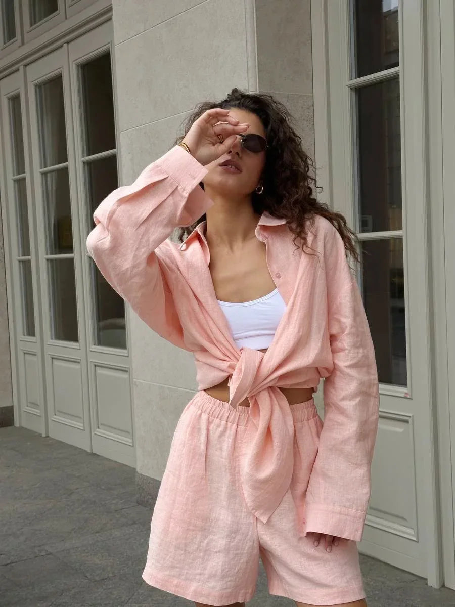 Ensemble de pantalons décontractés et  chemise à manches longues en coton pour femmes