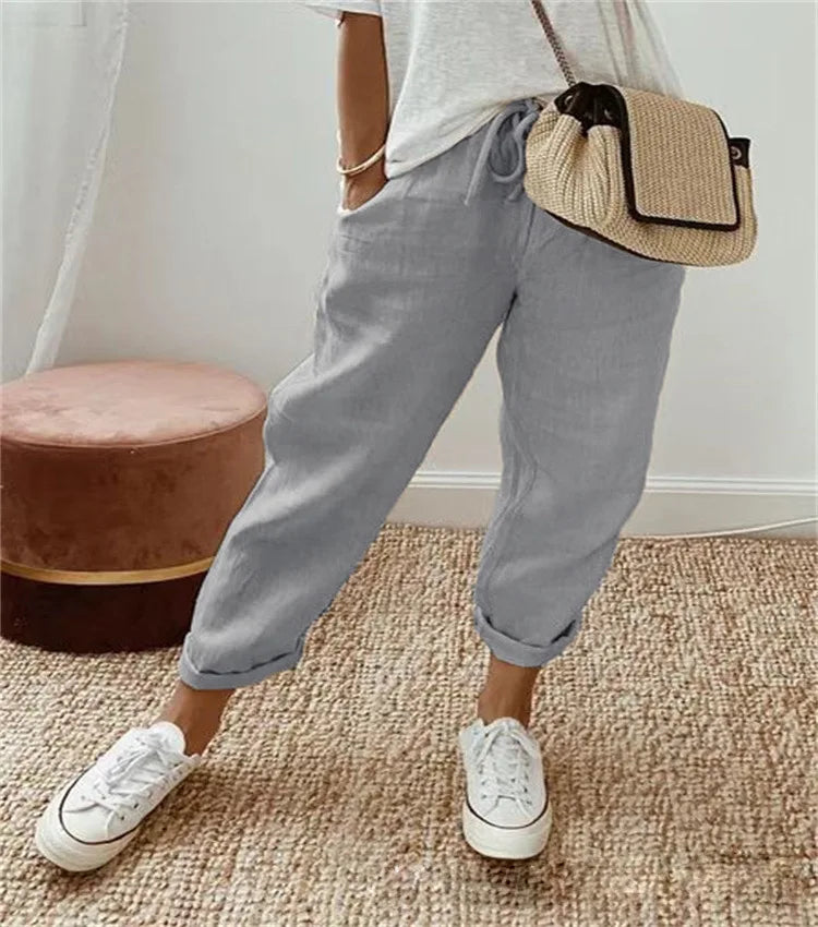 Pantalon court en coton et lin pour femmes