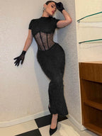 Robe moulante sexy à plumes transparentes pour femmes