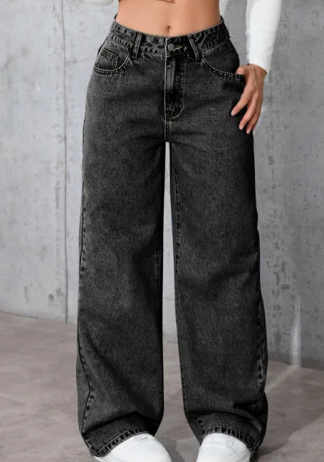 Jean droit taille haute couleur unie pour femmes