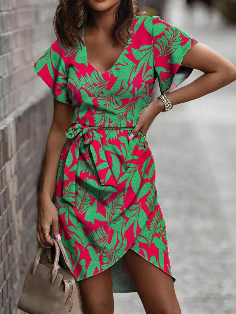 Robe d'été imprimée à col en V pour femmes