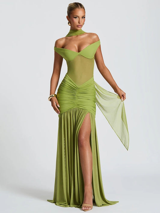 Robe Longue Femme – Épaules Dénudées et Fente Haute