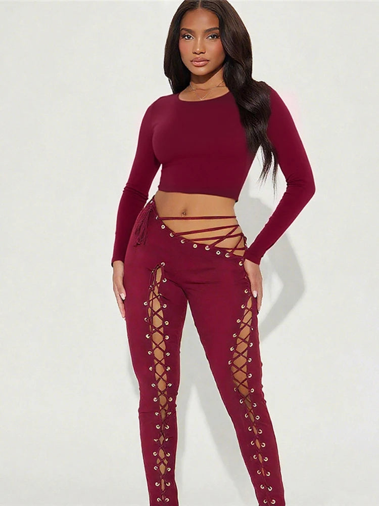 Ensemble 2 pièces crop top uni à manches longues + pantalon taille basse à cordon pour femmes
