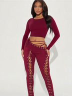 Ensemble 2 pièces crop top uni à manches longues + pantalon taille basse à cordon pour femmes