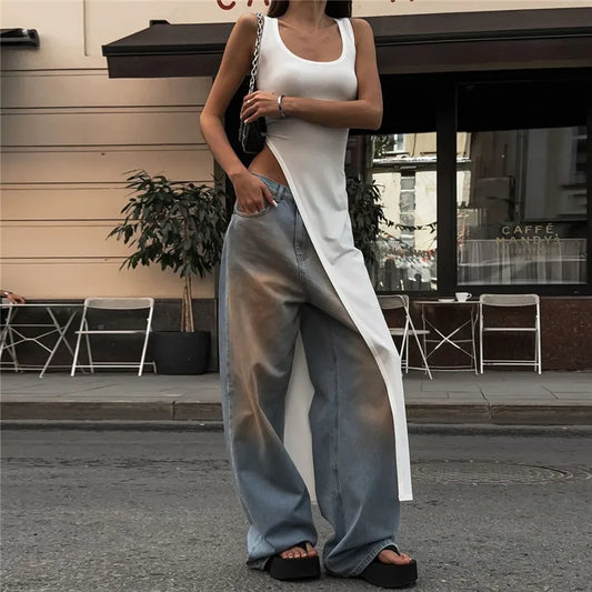 Robe longue femme unie sans manches avec fente