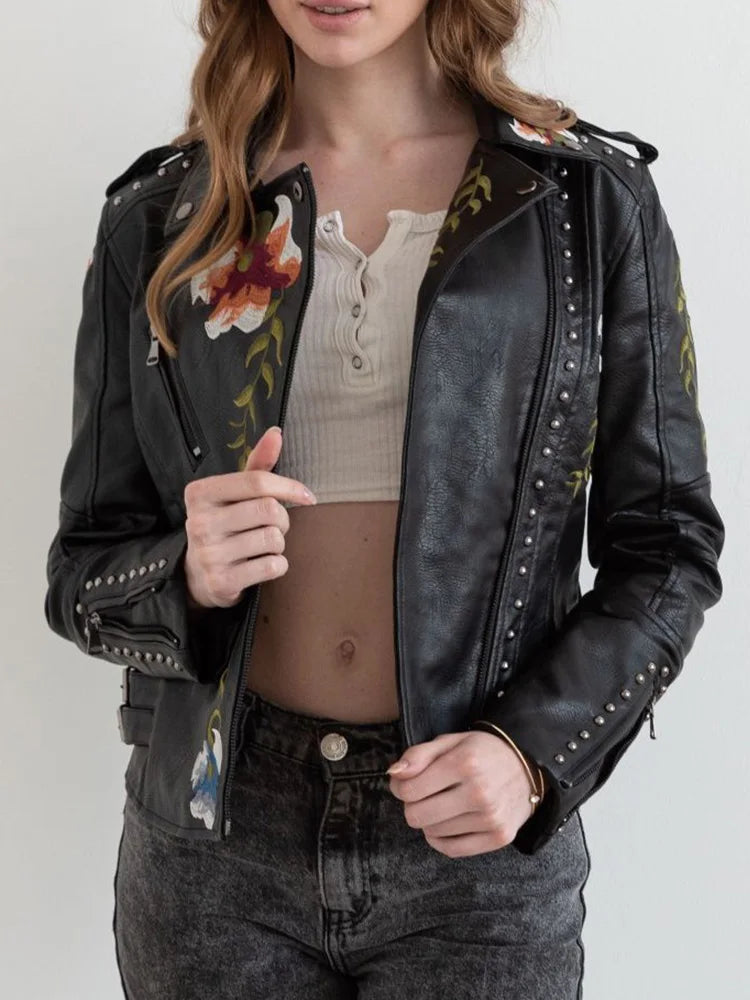 Veste courte imprimé floral vintage en similicuir pour femmes