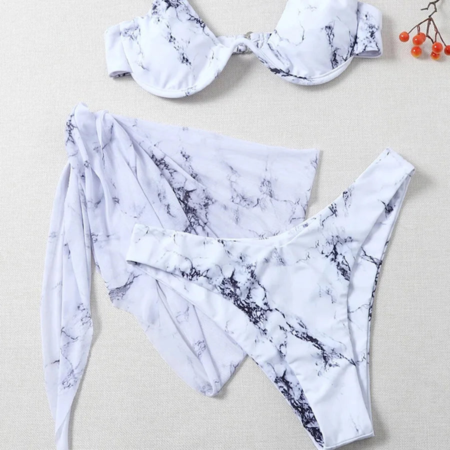 Maillot de bain trois pièces Push Up imprimé marbre, col en v, à armatures, pour femmes