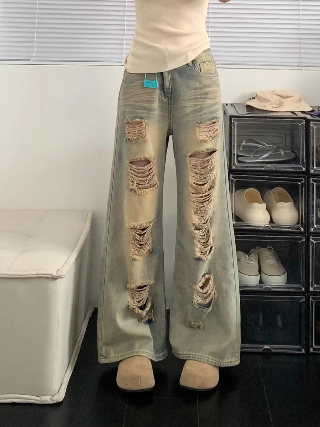Jean en denim délavé et vieilli style rétro pour femmes