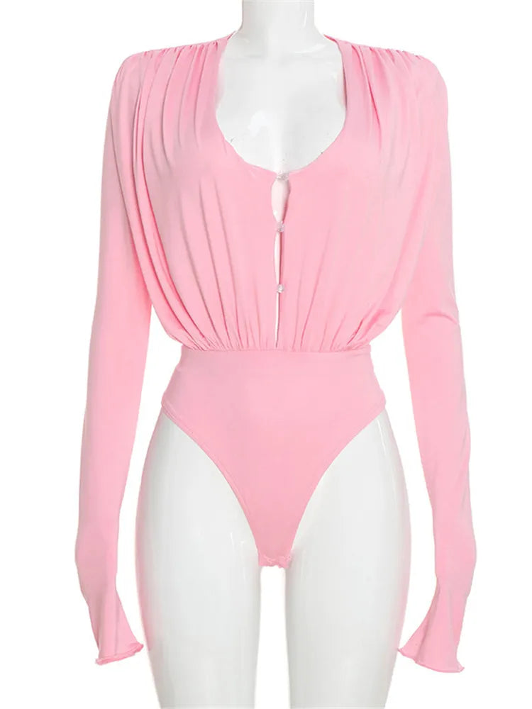 Body Femme Drapé à Col V et Manches Longues