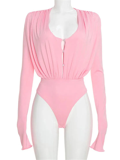 Body Femme Drapé à Col V et Manches Longues