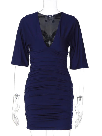Robe fourreau femme bleu marine à col V et manches courtes