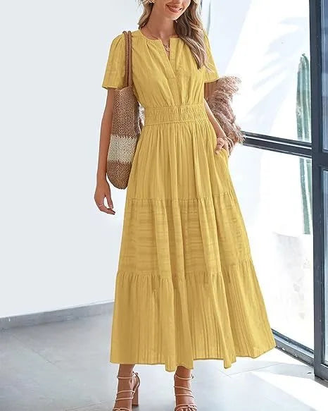 Robe longue plissée élégante style français à col en V pour femmes