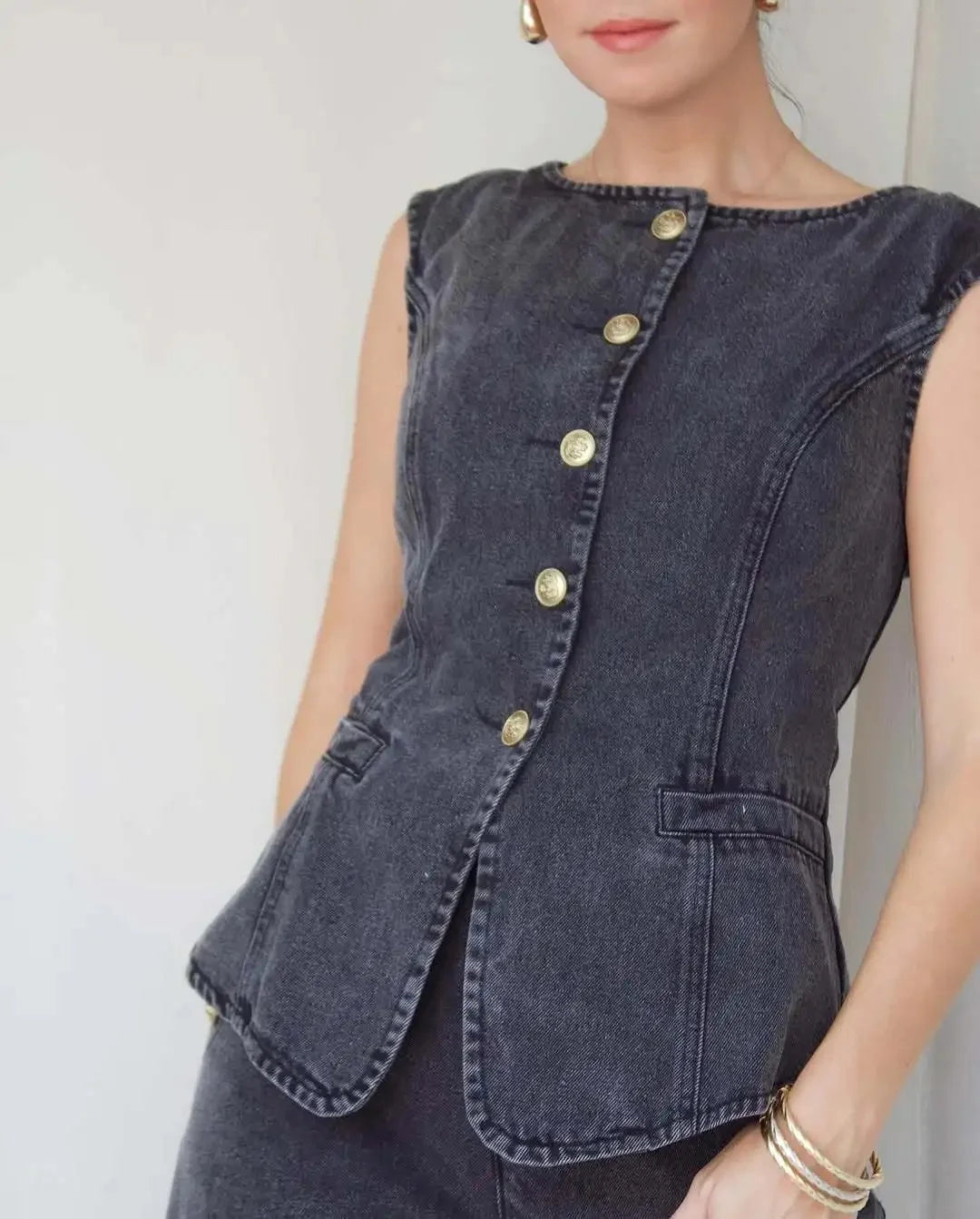 Ensemble gilet et pantalon en jean taille haute amincissant pour femmes