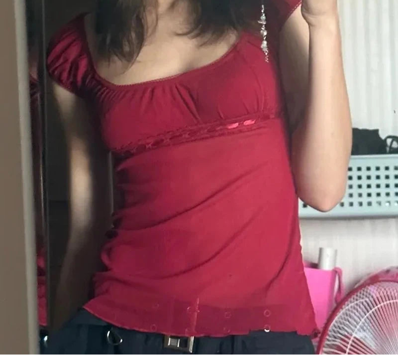 T-shirt-Crop en dentelle esthétique rétro pour femmes