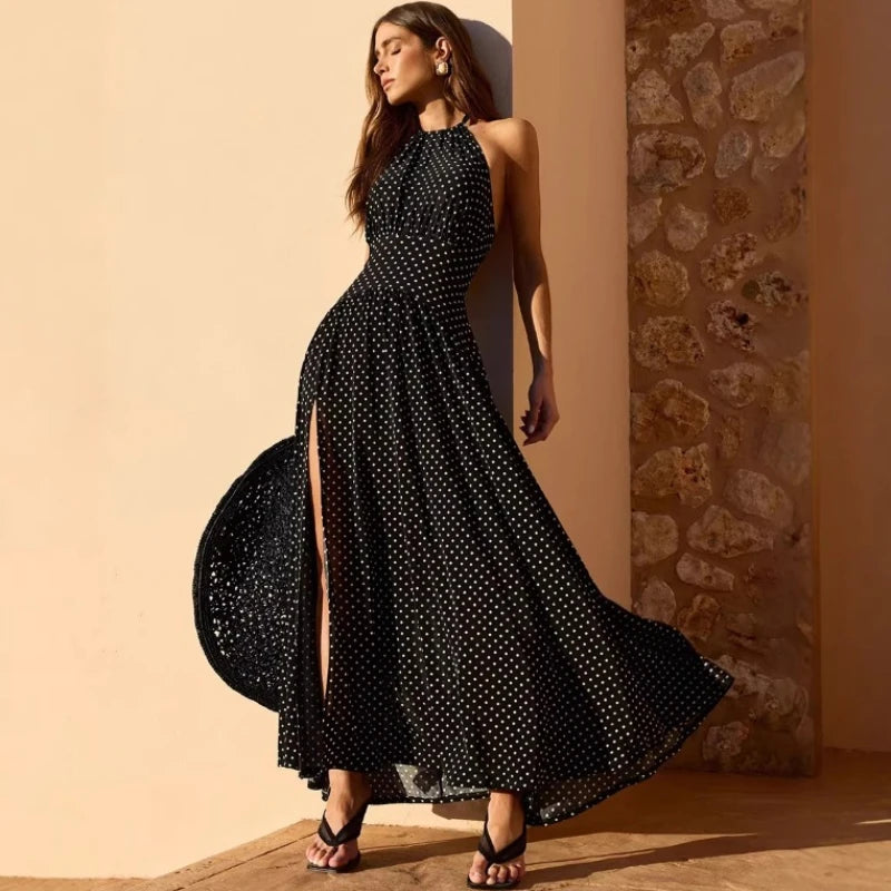 Robe maxi dos nu en dentelle sans manches pour femmes