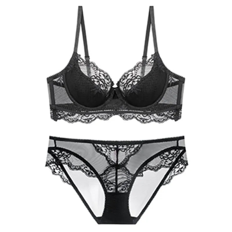 Ensemble soutien-gorge et slip push-up doublés en dentelle fine pour femmes