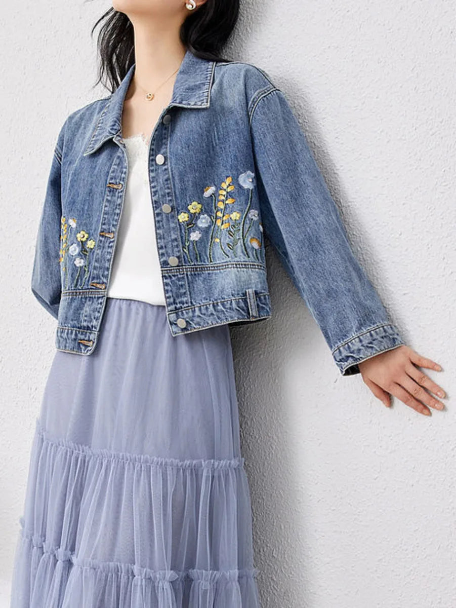 Veste en jean brodée florale pour femmes