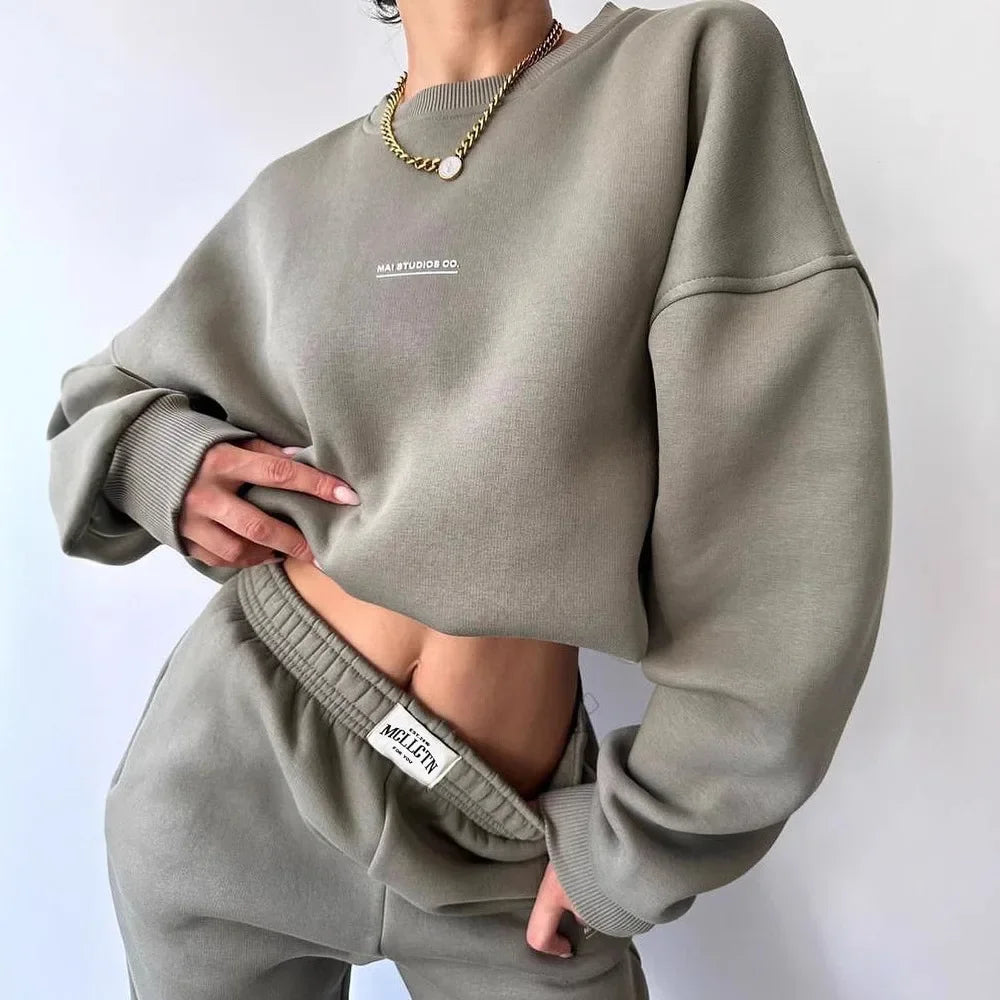 Ensemble deux pièces décontracté, sweat-shirt à manches longues et col rond, pantalon pour femmes