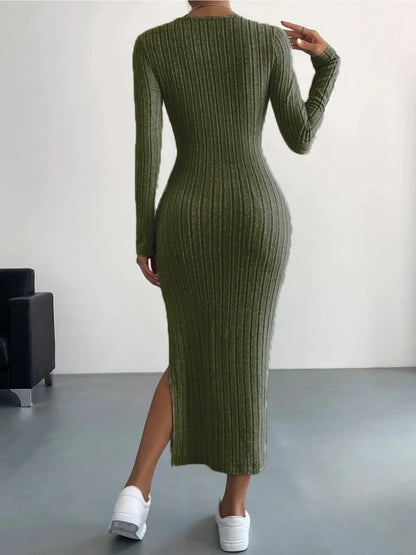 Robe en Maille Côtelée Femme – Col Rond et Fente Latérale
