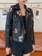 Veste en similicuir vintage imprimé floral pour femmes