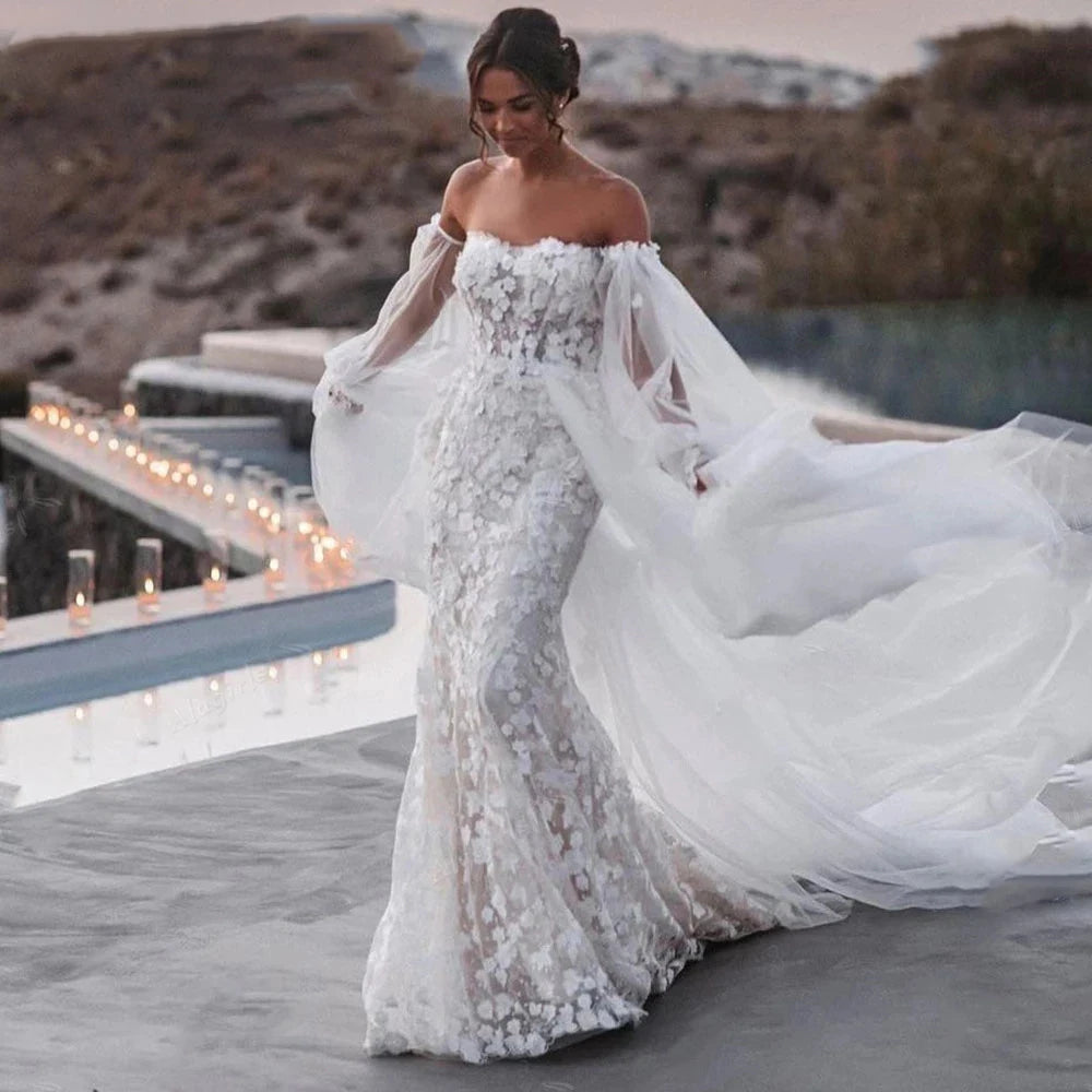 Robe de mariée sirène épaules dénudées à manches bouffantes pour femmes