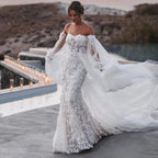 Robe de mariée sirène épaules dénudées à manches bouffantes pour femmes