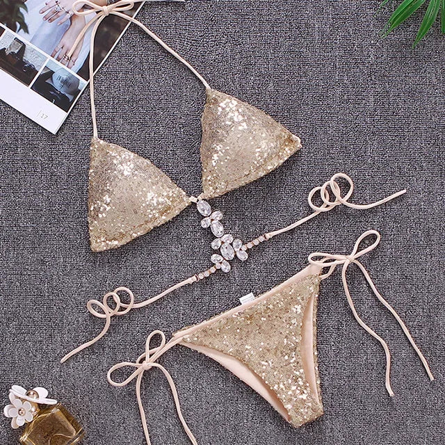 Maillot de bain deux pièces à paillettes brillantes pour femmes