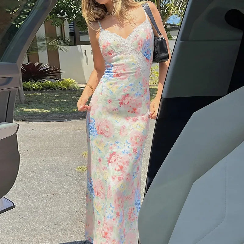 Robe longue d'été en dentelle à imprimé floral pour femmes